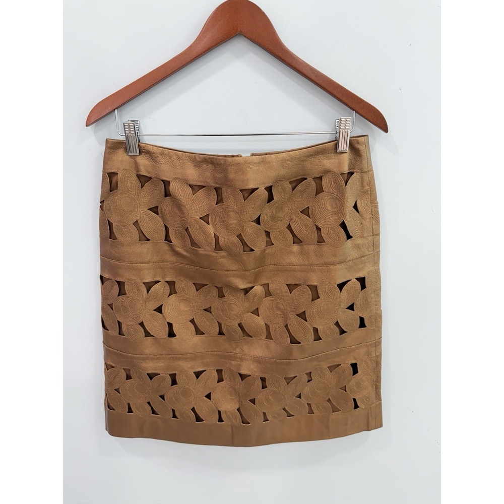 Per Se Genuine Leather Skirt Size 8 Brown Floral Cutout A-Line Mini Boho